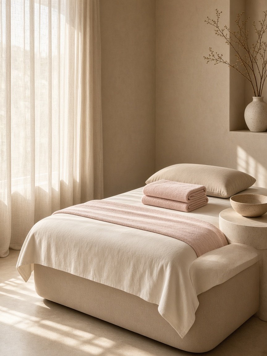 Sala de atendimento com maca bege, toalhas rosadas e luz da manhã