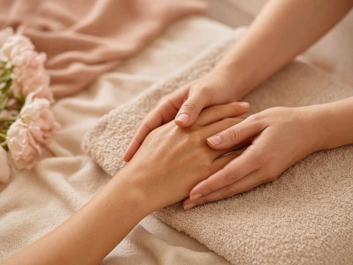Mãos em um cuidado com creme, em ambiente de spa, sem mostrar o rosto