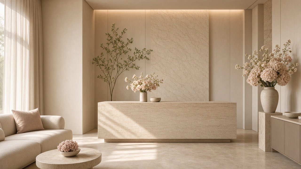 Recepção em tons de bege e rosa, com flores claras e luz natural, referência visual da Lumière Estética